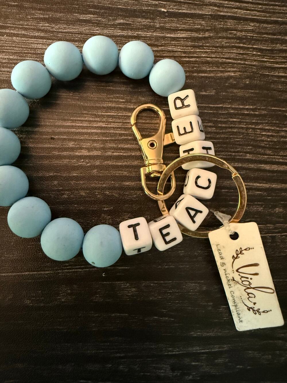 NWT Light Blue Silicone Beaded Wristlet Keychain "TEACHER"